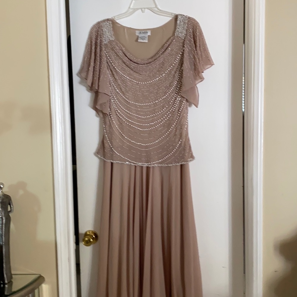 JKARA champagne strands of faux pearls beaded gown